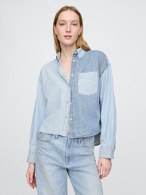 GAP Blue Striped Patchwork Button-Up Shirt - Women Jeans